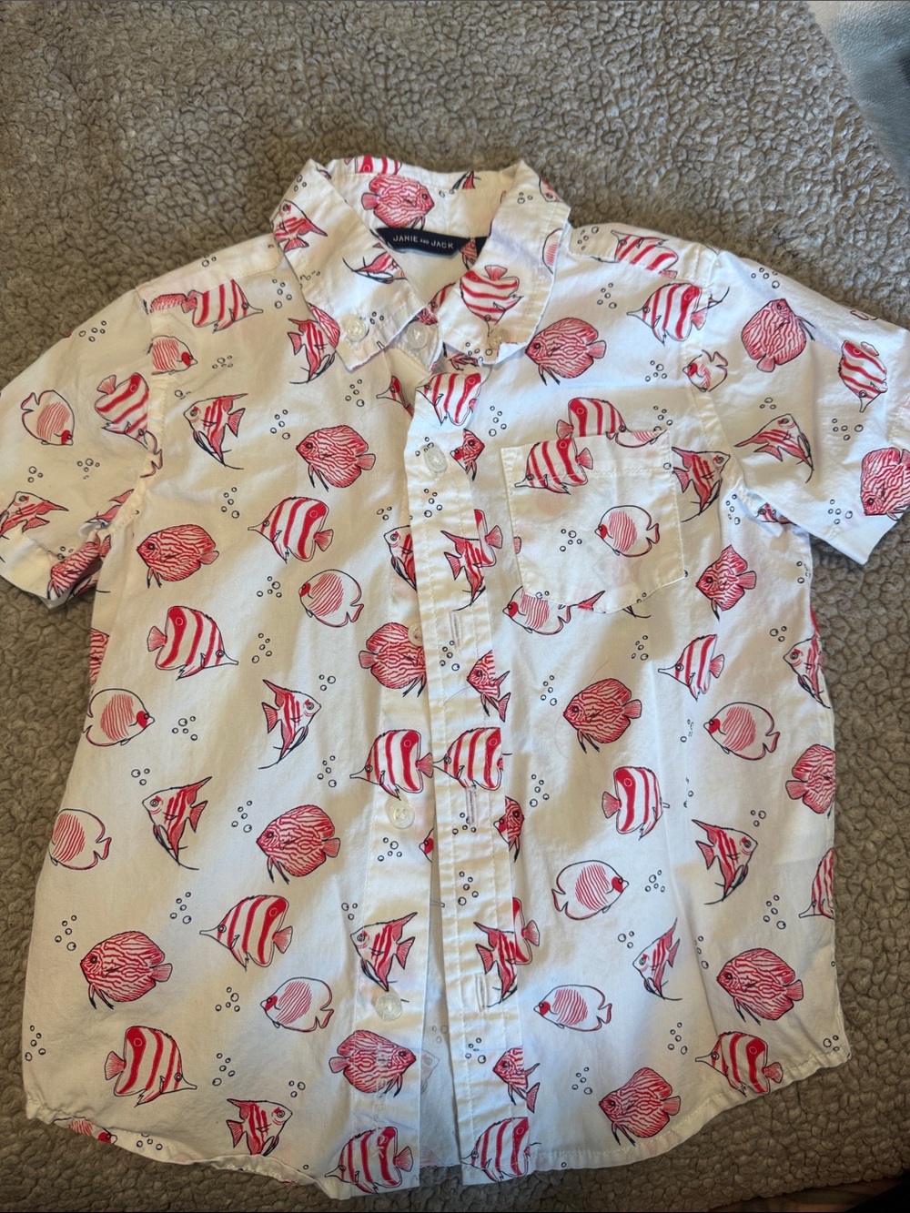 Janie and Jack White Short-Sleeve Button-Down Shirt with Red Fish Print